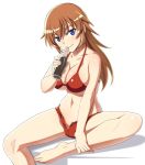  1girl barefoot bikini blue_eyes brown_hair charlotte_e_yeager cola drinking full_body invisible_chair looking_at_viewer nanashino open_fly red_bikini red_bikini_top short_shorts shorts simple_background sitting soda_bottle solo strike_witches swimsuit white_background world_witches_series 
