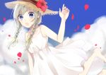  1girl :o absurdres arm_up bangs bare_arms bare_shoulders barefoot blue_eyes blue_sky blurry blurry_background blush braid clouds cloudy_sky collarbone commentary_request day depth_of_field dress eyebrows_visible_through_hair fingernails flower grey_hair hachimitsu_honey hair_between_eyes hair_ribbon hat hat_flower highres long_hair low_twintails open_mouth original outdoors petals red_flower ribbon sky sleeveless sleeveless_dress solo straw_hat twin_braids twintails white_dress yellow_ribbon 