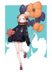  1girl :o abigail_williams_(fate/grand_order) balloon bangs belt black_bow black_jacket blue_background blue_eyes blush bow commentary_request fate/grand_order fate_(series) hair_bow hair_bun high_heels highres holding holding_balloon hoshi_rousoku jacket light_brown_hair long_hair long_sleeves multicolored_hair object_hug orange_belt orange_bow parted_bangs parted_lips polka_dot polka_dot_bow red_bow red_footwear shoes sleeves_past_fingers sleeves_past_wrists solo standing standing_on_one_leg stuffed_animal stuffed_toy teddy_bear tentacle two-tone_hair white_background 