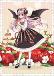  1girl :d apple bat_wings bbcat1984 black_dress black_footwear blouse bow candle dress food food_themed_hair_ornament fruit full_body hair_bow hair_ornament highres holding holding_food horns long_hair looking_at_viewer open_mouth original pantyhose pointy_ears purple_hair red_eyes shoes smile solo standing striped striped_bow tiered_tray white_blouse white_legwear wings 
