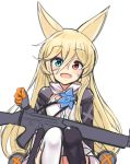  1girl :d absurdres animal_ears assault_rifle blonde_hair blue_eyes commentary eyebrows_visible_through_hair fang fox_ears g41_(girls_frontline) girls_frontline gun hair_between_eyes heterochromia highres long_hair looking_at_viewer mismatched_legwear ohshit open_mouth red_eyes rifle simple_background smile solo thigh-highs weapon white_background 