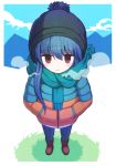  1girl bangs beanie blue_scarf blue_sky blush boots eyebrows_visible_through_hair full_body grass half-closed_eyes hands_in_pockets hat jacket long_sleeves looking_at_viewer mountain outdoors pants scarf shima_rin simple_background sky smile suta_(clusta) violet_eyes white_background winter_clothes yurucamp 