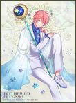  1boy artist_name blue_eyes blue_neckwear boyfriend_(kari) cape character_name constellation dated formal happy_birthday highres jewelry knee_up looking_at_viewer male_focus necklace necktie pants pink_hair sitting solo star suit wand white_footwear white_pants white_suit yamabuki_kanon 