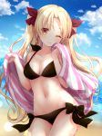  1girl bangs beach bikini black_bikini blonde_hair blue_sky blurry blurry_background blush bow breasts cleavage closed_mouth clouds collarbone commentary_request cowboy_shot cute day depth_of_field earrings ereshkigal_(fate/grand_order) eyebrows_visible_through_hair fate/grand_order fate_(series) gomano_rio hair_bow highres holding holding_towel hoop_earrings jewelry lens_flare light_particles long_hair looking_at_viewer medium_breasts moe navel ocean one_eye_closed outdoors parted_bangs sand side-tie_bikini sky smile solo sparkle standing swimsuit tohsaka_rin towel two_side_up very_long_hair water yellow_eyes 
