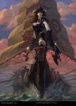 1girl armor artist_name axe bayard_wu breasts cleavage clouds curly_hair faceless faceless_male fur_trim gloves helmet horned_helmet legend_of_the_cryptids long_hair midriff official_art redhead shield ship sky water watercraft watermark web_address 