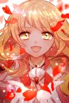  1girl :d bang_dream! bangs blonde_hair chino_machiko eyebrows_visible_through_hair gem gloves looking_at_viewer open_mouth petals pink_lips rose_petals smile solo tsurumaki_kokoro upper_body white_gloves yellow_eyes 