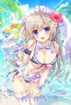 1girl ameto_yuki animal_ears apron bikini blonde_hair blurry blurry_background blush breasts bunny_tail cleavage cup day detached_collar detached_sleeves drinking_glass eyebrows_visible_through_hair flower frilled_legwear hibiscus large_breasts leaning_forward leg_garter long_hair looking_at_viewer maid maid_bikini maid_headdress open_mouth original outdoors rabbit_ears see-through swimsuit tail thigh-highs tray violet_eyes waist_apron wrist_cuffs 