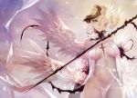  1girl angel apt bangs bare_shoulders blonde_hair breasts closed_mouth commentary_request cowboy_shot cross_scar feathered_wings flower grey_eyes groin hair_over_one_eye halterneck head_wings highres horn loincloth medium_breasts multiple_wings navel original pelvic_curtain petals revealing_clothes rose rose_petals short_hair sky solo white_flower white_rose white_wings wings 