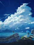  1girl barefoot blue_dress blue_hat blue_sky clouds commentary_request condensation_trail dress grass guard_rail hat highres original outdoors ruins scenery short_sleeves sitting sky solo sorakuma_(oycue41) summer 