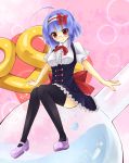  1girl black_dress black_legwear blue_hair bow bowtie commentary_request dress flask glasses hairband highres jewelpet_(series) jewelpet_twinkle kanesada_ryo pink_footwear red_neckwear sara_(jewelpet_twinkle) shirt shoes short_hair thigh-highs white_hairband white_shirt 