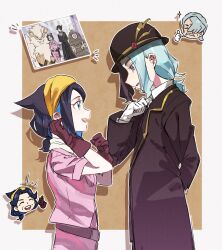  +++ 2boys 2girls :d amethio_(pokemon) arcanine black_hair blue_eyes brown_background brown_gloves commentary_request copituji cosplay diana_(pokemon_horizons) diana_(pokemon_horizons)_(cosplay) dusclops gloves hamber_(pokemon) hamber_(pokemon)_(cosplay) hand_up hat highres jacket liko_(pokemon) long_sleeves multiple_boys multiple_girls notice_lines open_mouth outline photo_(object) pink_jacket pokemon pokemon_(anime) pokemon_horizons scarf shirt smile sparkle violet_eyes white_scarf white_shirt 