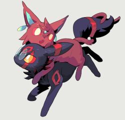  1boy 1girl animal_ears animalization ayase_momo black_fur brown_fur carrying colored_sclera dandadan earrings espeon facial_mark fangs full_body glasses grey_background intertwined_tails jewelry kai_(huikuai2) no_humans open_mouth piggyback pokemon pokemon_(creature) red_sclera round_eyewear simple_background tail takakura_ken_(dandadan) takakura_ken_(transformed)_(dandadan) umbreon yellow_eyes 