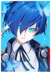  1boy black_ribbon blue_background blue_eyes blue_hair collared_shirt evoker gekkoukan_high_school_uniform hair_between_eyes highres male_focus neck_ribbon nodoka906 persona persona_3 portrait ribbon school_uniform shirt short_hair solo twitter_username white_shirt wing_collar yuuki_makoto_(persona_3) 