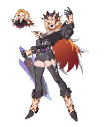 1girl absurdres belt bodysuit boots genderswap genderswap_(mtf) gloves goz-zz highres kamen_rider kamen_rider_bitter_gavv kamen_rider_bitter_gavv_(breacookie_form) kamen_rider_gavv_(series) long_hair magen_(kamen_rider) orange_hair rider-tan sword weapon