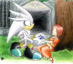  2006 anthro anthropomorphization female_child gem grass hedgehog human ihearrrtme male princess_elise_the_third sad silver_the_hedgehog smiley_face sonic_(series) teenage tree 