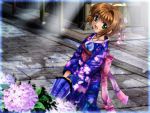  card_captor_sakura clamp flower highres hydrangea japanese_clothes kimono kinomoto_sakura mutsuki_(moonknives) oriental_umbrella umbrella 