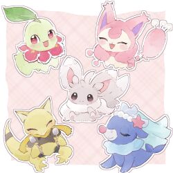  abra blush brown_eyes chikorita closed_eyes commentary_request highres holding holding_spoon kako_xox minccino no_humans pokemon pokemon_(creature) pokemon_focus popplio red_eyes scarf skitty smile spoon 