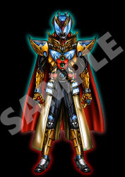  1boy absurdres armor belt black_bodysuit blue_eyes bodysuit cape full_armor fusion gauntlets gold_armor helmet highres jewelry kamen_rider kamen_rider_kiva kamen_rider_kiva_(emperor_form) kamen_rider_kiva_(series) kamen_rider_wizard kamen_rider_wizard_(infinity_style) kamen_rider_wizard_(series) looking_at_viewer male_focus mask neofrontier red_cape ring solo standing tailcoat tokusatsu 