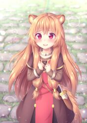  1girl animal_ear_fluff animal_ears artist_name black_dress blush brown_dress brown_hair child cobblestone collar collarbone commentary cowboy_shot deviantart_username dress eyelashes hair_between_eyes hands_up highres instagram_username knife knife_sheath kuriidono long_hair long_sleeves looking_at_viewer metal_collar metal_wrist_cuffs open_mouth outdoors pinstripe_dress pinstripe_pattern raccoon_ears raccoon_girl raccoon_tail raphtalia red_dress red_eyes sheath sheathed short_sleeves smile solo straight_hair tail tate_no_yuusha_no_nariagari teeth two-tone_dress upper_teeth_only youtube_username 