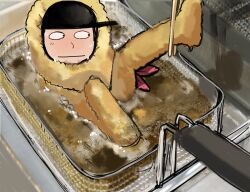 black_hat blank_eyes blush canihavepromo cooking_oil deep_fry_basket deep_frying expressionless food hat highres kevin_spencer kevin_spencer_(series) looking_to_the_side lottie_(gravyalloverhim) shrimp shrimp_tempura sweatdrop tempura tempura_costume