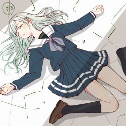  1girl bang_dream! bang_dream!_it's_mygo!!!!! black_socks blue_serafuku closed_eyes closed_mouth commentary foot_out_of_frame full_body green_hair grey_neckerchief kneehighs loafers long_hair long_sleeves lying neckerchief on_back pleated_skirt sailor_collar school_uniform serafuku shoes skirt skt_(ryxxxxx) socks solo speech_bubble tsukinomori_school_uniform wakaba_mutsumi white_sailor_collar winter_uniform 