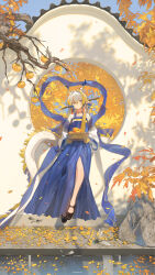  1girl absurdres architecture arknights artist_name autumn_leaves basket bird black_shoes blonde_hair blue_hair branch bug chinese_clothes chinese_commentary closed_mouth colored_extremities colored_skin commentary_request day dragon_girl dragon_horns dragon_tail dragonfly earrings east_asian_architecture eastern_dragon_horns eastern_dragon_tail falling_leaves food fruit fruit_basket full_body grey_eyes grey_hair hagoromo hair_intakes hair_ornament hair_stick hanfu highres holding holding_basket horns jewelry leaf long_hair looking_at_viewer mary_janes multicolored_hair outdoors persimmon persimmon_tree pointy_ears qixiong_ruqun rock round_window shadow shawl shoes shu_(arknights) sitting solo sunlight tail toto_(caaaaarrot) two-tone_hanfu very_long_hair wide_sleeves window yellow_skin 