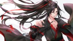  1boy absurdres ahoge bishounen black_eyes black_hair black_hanfu chinese_clothes dizi fighting_stance floating_clothes floating_hair flute flute_tassel hair_ribbon hanfu highres holding holding_flute holding_instrument instrument iritani_ryouya long_hair long_sleeves male_focus modao_zushi music parted_lips playing_flute playing_instrument ponytail red_ribbon ribbon robe sidelocks simple_background sleeves_past_wrists smile smoke solo tassel transverse_flute upper_body very_long_hair wei_wuxian white_background wide_sleeves 
