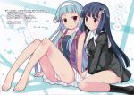  2girls barefoot black_hair blue_hair blunt_bangs blush copyright_name cross hair_tubes highres kannagi ko~cha looking_at_another nagi purple_eyes scan skirt smile zange 