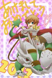  1boy 2012 armor armored_boots blue_eyes boots breastplate brown_hair cape chainmail chinese_zodiac commentary_request full_body gauntlets holding holding_reins leg_armor looking_at_viewer male_focus noah_(mutsuki) open_mouth pink_background polka_dot polka_dot_background ragnarok_online red_cape red_tabard reins riding_dragon rune_knight_(ragnarok_online) saddle short_hair smile solo spiked_pauldrons tabard year_of_the_dragon 