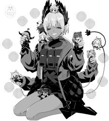  6+girls absinthe_(arknights) arknights bird_girl boots cable cable_tail closed_eyes creator_connection dark-skinned_female dark_skin electric_plug electric_plug_tail extra_arms feather_hair feathers flint_(arknights) flower greyscale hair_flower hair_ornament head_wings highres holding holding_mini_person irene_(arknights) iwashi_80 mechanical_tail mini_person minigirl monochrome multiple_girls pallas_(arknights) raidian_(arknights) robin_(zenless_zone_zero) short_hair sitting smile tail tuye_(arknights) wariza wings 