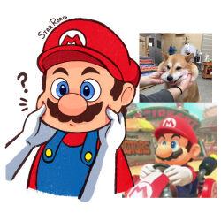  1boy 1other ? artist_name blue_eyes blue_overalls cheek_pinching dog facial_hair game_screenshot_inset gloves go-kart hands_on_another's_cheeks hands_on_another's_face hat highres male_focus mario mario_kart mario_kart_world mustache overalls photo_inset pinching red_hat signature simple_background starroad super_mario_bros. welsh_corgi white_background white_gloves 