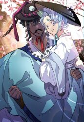  1boy 1girl alternate_costume black_hair black_hat blue_bow blue_kimono bow brown_eyes captain_caviar_cookie carrying cherry_blossoms chromatic_aberration closed_mouth colored_eyelashes commentary_request cookie_run cookie_run:_kingdom curtained_hair dark-skinned_male dark_skin day double-parted_bangs facial_hair fang feet_out_of_frame grey_eyes grey_hair hair_between_eyes hat highres humanization japanese_clothes kimono korean_commentary long_sleeves looking_at_another looking_at_viewer mature_eyes mature_female mature_male michelin_(p0lo09) mustache official_alternate_costume outdoors oyster_cookie oyster_cookie_(silk_road_magnate) parted_lips princess_carry red_bow short_hair sky smile upper_body very_dark_skin white_eyelashes white_sky 