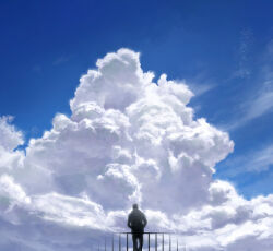  1boy above_clouds absurdres blue_sky cloud_focus clouds cloudy_sky cumulonimbus_cloud highres karasu_(hageabura-jr) nature no_humans original outdoors painting_(medium) railing scenery sky sky_focus solo traditional_media 