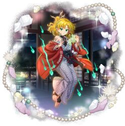  1girl alternate_costume bead_bracelet bead_necklace beads blonde_hair bracelet closed_mouth coat earrings fire full_body game_cg green_eyes green_fire grey_kimono highres japanese_clothes jewelry kimono long_sleeves looking_at_viewer mizuhashi_parsee mizuhashi_parsee_(land_of_the_oni_hashihime) necklace official_art open_clothes open_coat pointy_ears ponytail red_coat rotte_(1109) solo sparkle third-party_source toes touhou touhou_lostword translation_request transparent_background wide_sleeves 