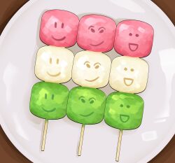  :d absurdres character-themed_food commentary dango food food_focus from_above highres himochuu multiple_expressions no_humans painterly roblox sanshoku_dango smile smirk symbol-only_commentary wagashi 