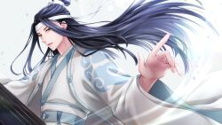  1boy absurdres bishounen black_hair blue_sash chinese_clothes coat fighting_stance floating_hair guqin hand_up hanfu headband highres holding holding_instrument instrument iritani_ryouya lan_wangji long_hair long_sleeves looking_at_viewer male_focus modao_zushi music open_clothes open_coat parted_lips playing_instrument robe sash simple_background smoke solo topknot upper_body very_long_hair white_background white_coat white_hanfu white_headband wide_sleeves xiao_guan_(headdress) yellow_eyes 