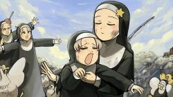  6+girls :d aged_down baby_animal bird brown_hair bunny_nun_(diva) bush chicken crying dirty dirty_face diva_(hyxpk) duck duckling english_commentary fishing_rod flower glasses glasses_nun's_aunt_(diva) goose grey_hair highres little_nuns_(diva) multiple_girls nun parted_grey_nun_(diva) smile smug_nun_(diva) snot star_nun_(diva) star_ornament tears traditional_nun 