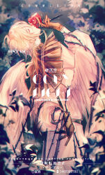  1boy alkaid_mcgrath alkaid_mcgrath_(book_of_tales) arched_back arm_behind_back belt black_belt blonde_hair blurry brown_gloves chinese_commentary commission cowboy_shot depth_of_field earrings feathered_wings flower from_side gloves green_eyes hair_between_eyes hand_up highres holding holding_flower jewelry long_sleeves lovebrush_chronicles medium_hair neck_ruff pants parted_lips plant profile puffy_long_sleeves puffy_sleeves red_flower red_rose restrained rose shirt sinko123 smelling smelling_flower solo standing stud_earrings thorns tree vines watermark white_pants white_shirt white_wings wings 