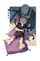  2boys aged_down bandaid bandaid_on_knee bandaid_on_leg barefoot beads black_kimono black_shorts child closed_eyes commentary cushion dated_commentary dirty dirty_feet drooling father_and_son fingernails from_above full_body hacobox hand_on_own_stomach harai_kuko harai_shakku hypnosis_mic inset_border japanese_clothes kesa kimono lap_pillow lifting_person lying male_focus mature_eyes monk multiple_boys on_back open_mouth outside_border prayer_beads red_hair shade short_hair shorts sleeping spread_legs tatami teeth twitter_username upper_teeth_only very_short_hair watermark wide_sleeves wrinkled_skin zabuton 