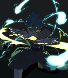  1boy absurdres arm_blade blue_eyes blue_hair blue_pants blue_shirt boots dark dark_background dougi dragon_ball dragon_ball_super energy_ball energy_sword gloves highres kazumax76 male_focus pants shirt smear_frame solo spiky_hair super_saiyan super_saiyan_blue sword vegetto weapon white_boots white_gloves 