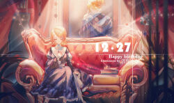  1boy 1girl artist_name black_cloak black_dress blonde_hair blurry book chinese_commentary cloak closed_eyes closed_mouth couch curtains dated depth_of_field dress facing_away facing_viewer feet_out_of_frame finger_to_mouth floral_print floral_print_dress frilled_dress frilled_sleeves frills guimpe hair_ornament hairclip hand_on_own_chest happy_birthday hood hood_down hooded_cloak juliet_sleeves kagamine_len kagamine_rin light_particles long_dress long_sleeves picture_frame plant ponytail print_dress puffy_sleeves sash short_hair short_ponytail shushing sinko123 sitting spotlight standing star_(symbol) straight-on striped_cloak swept_bangs vocaloid waist_sash white_sash wide_sleeves 