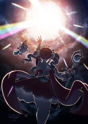  1girl 1other aqua_hair arm_up dress drill_hair from_behind gradient_hair highres holding holding_scepter honkai:_star_rail honkai_(series) hyacine_(honkai:_star_rail) little_ica_(honkai:_star_rail) long_sleeves looking_up multicolored_hair nke pantyhose rainbow red_dress scepter twin_drills twintails unicorn white_pantyhose winged_unicorn 