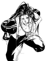  1boy bare_pectorals blood collarbone commentary full_body hair_down highres jacket jamie_siu jewelry krkrkrbkkkkkkk licking_lips long_hair long_sleeves looking_to_the_side male_focus necklace nipples nosebleed official_alternate_costume open_clothes open_jacket pants parted_hair pectorals simple_background solo street_fighter street_fighter_6 striped_clothes striped_jacket tongue tongue_out vertical-striped_clothes vertical-striped_jacket very_long_hair white_background 