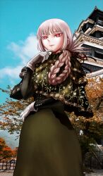  1girl architecture arm_across_waist blue_sky braid closed_mouth commentary_request day dress east_asian_architecture fate/grand_order fate_(series) florence_nightingale_(fate) florence_nightingale_(over_the_same_sky)_(fate) folded_braid game_cg gloves green_dress green_shawl grey_hair hair_over_shoulder hand_on_own_chin long_sleeves official_art outdoors photo_background red_eyes shawl sidelocks sky solo takahashi_keitarou third-party_source white_gloves 