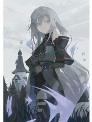  1girl absurdres angelfish arknights arm_cuffs ascot ay4_la bare_shoulders black_ascot black_chaps black_gloves black_pants black_shirt breasts building chaps clothing_cutout clouds cloudy_sky commentary cowboy_shot detached_sleeves fish flying_fish gloves grass grey_hair hair_between_eyes highres long_hair long_sleeves looking_to_the_side low-tied_long_hair no_headwear pants parted_lips pillarboxed pine_tree red_eyes scenery shirt skadi_(arknights) skadi_(elite_ii)_(arknights) sky solo standing thigh_cutout tower tree tropical_fish very_long_hair window 