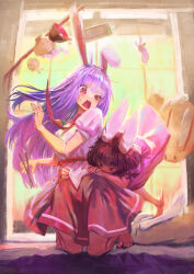  >_< 2girls :3 absurdres animal_ears animal_slippers barefoot black_hair blush bowl bunny_slippers carrot carrot_pin chopsticks commentary dress falling_food hands_on_another's_waist highres inaba_tewi kneeling long_hair medium_hair miso_soup motion_blur multiple_girls necktie nepperoni one_eye_closed open_mouth pink_dress pink_shirt purple_hair rabbit_ears rabbit_girl red_necktie red_skirt reisen_udongein_inaba rice_bowl shirt shouji skirt sliding_doors slippers touhou tray white_rabbit_(animal) 
