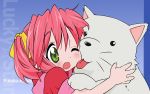  dog green_eyes highres kobayakawa_yutaka licking lucky_star open_mouth pink_hair short_twintails twintails vector_trace wallpaper wink 