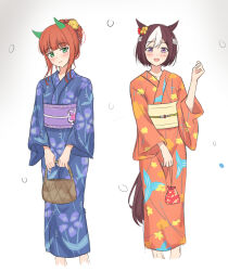  2girls animal_ears bag blue_kimono blunt_bangs blush brown_bag brown_hair closed_mouth ear_covers floral_print floral_print_kimono flower from_side green_eyes hair_bun hair_flower hair_ornament highres holding holding_bag horse_ears horse_girl japanese_clothes kimchi_(user_mpzz8457) kimono long_hair multicolored_hair multiple_girls obi orange_kimono print_kimono purple_sash red_bag red_flower sash short_hair silence_suzuka_(umamusume) skdelocks smile special_week_(umamusume) two-tone_hair umamusume violet_eyes white_hair yellow_flower yellow_sash 