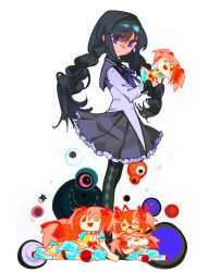  akemi_homura akemi_homura_(magical_girl) argyle_clothes argyle_footwear black_hair black_headband bow bowtie braid character_doll collared_capelet doll frilled_skirt frills grey_skirt headband highres holding holding_doll kaname_madoka long_hair looking_at_viewer low_twin_braids mahou_shoujo_madoka_magica mahou_shoujo_madoka_magica_(anime) pantyhose purple_bow purple_bowtie rainyy sad skirt tears twin_braids violet_eyes white_background 