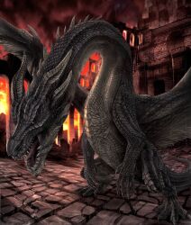  absurdres black_scales brick_wall castle colored_sclera commentary crack cracked_floor dragon dragon_horns dragon_tail dragon_wings fatalis fiery_background fire highres horns looking_ahead monster monster_focus monster_hunter:_world monster_hunter_(series) monster_hunter_world:_iceborne night no_humans nutuki open_mouth purple_sclera rain ruins scales sharp_teeth slit_pupils smoke spikes standing tail teeth tongue western_dragon wings yellow_eyes 